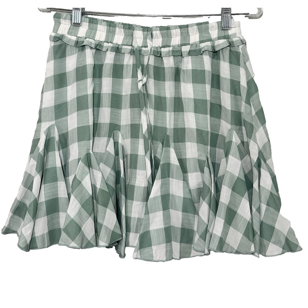 Entro Sage Green White Gingham Ruffle Waist Godet Hem Mini Skirt Size M